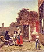 Pieter de Hooch Hof mit zwei Offizieren und trinkender Frau oil on canvas